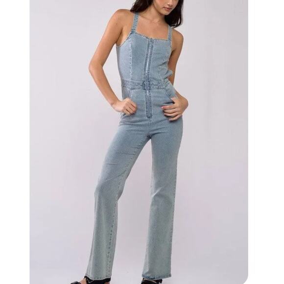 Blue Blush light Denim Jumpsuit backless Womens Small Revolve Flare pants NWOT - Picture 1 of 10